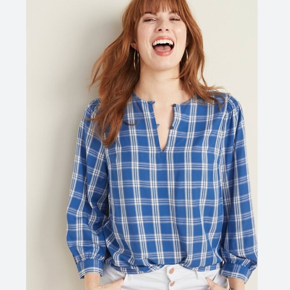 Old Navy Plaid Balloon-Sleeve Blouse size L